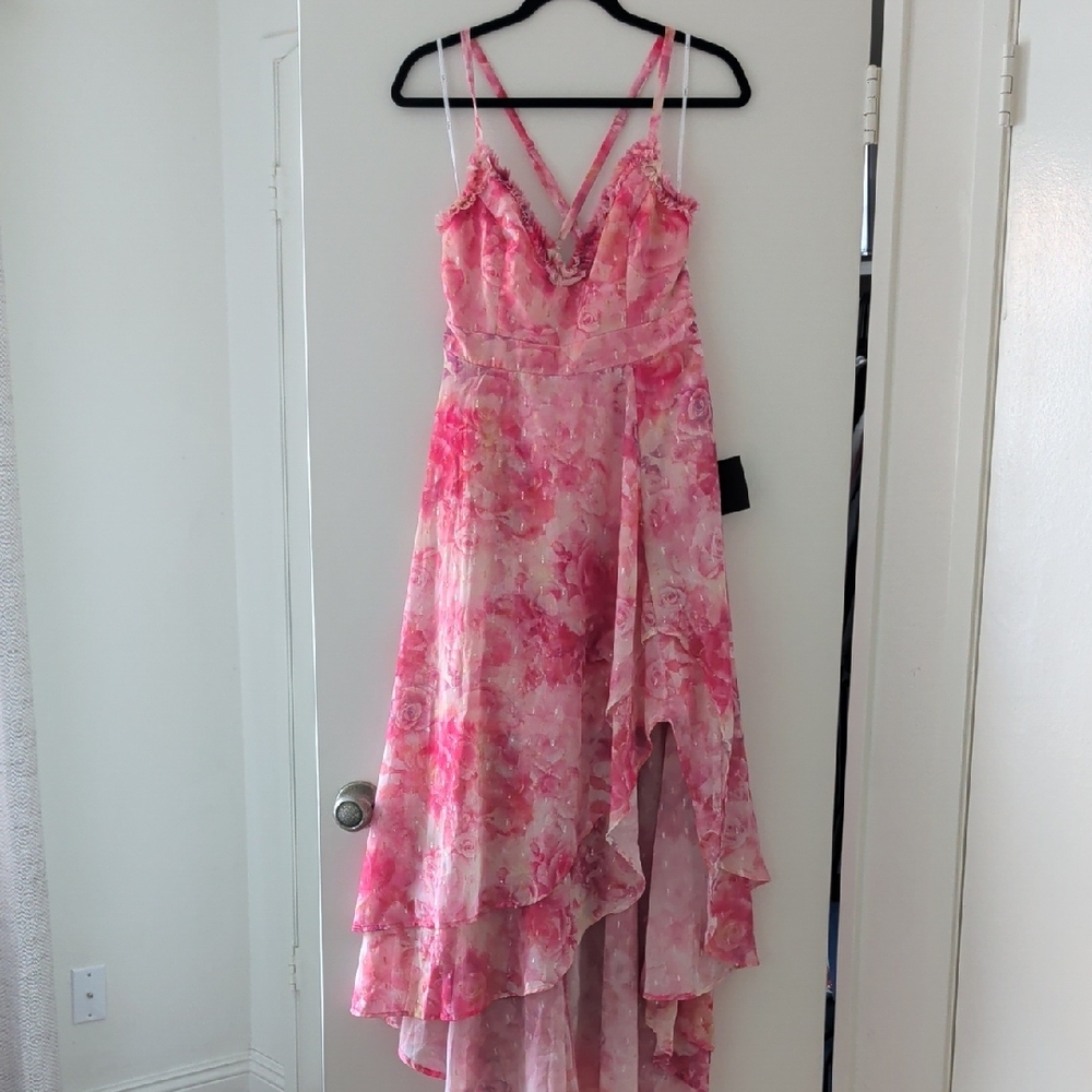 Lulu's Pink Floral High-Low V-Neck Dress